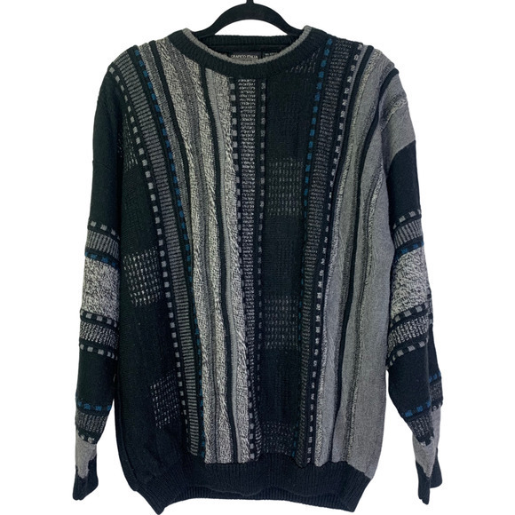 GRAFICO ITALIA Black & Gray Vintage Abstract Striped Wool‎ Blend Sweater - Picture 1 of 11